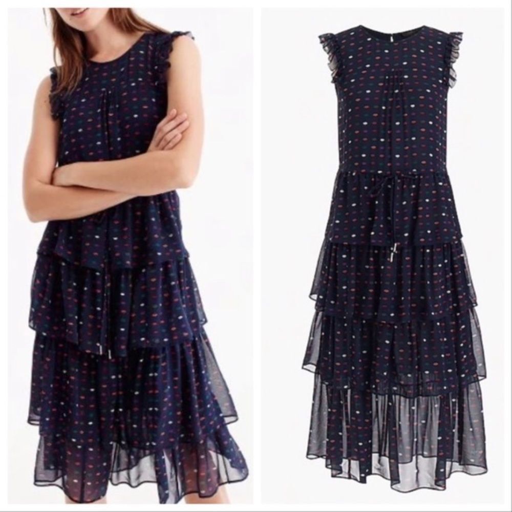 J Crew Ruffle Tiered Silk Dress 00 Lip Print